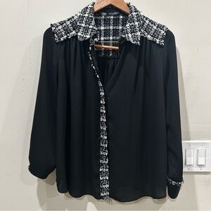 Zara Womens Button Up Shirt Black Long Sleeves Collared Lightweight Size M